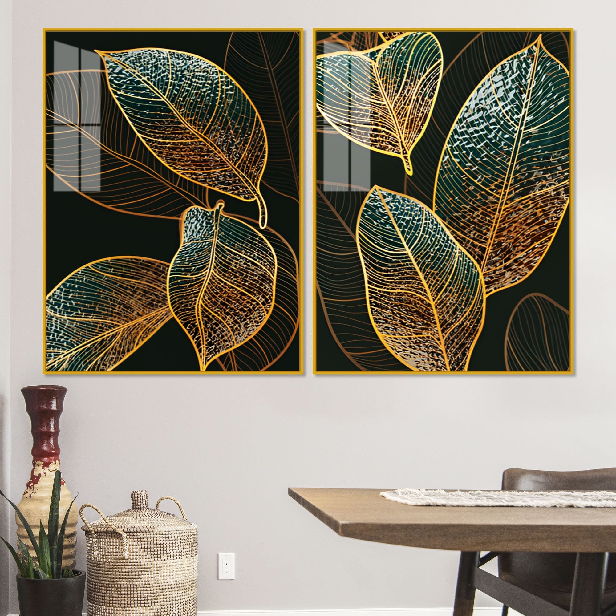 Modern Exquisite oak Leaves Art Acrylic Floating Wall Painting Set Of 2