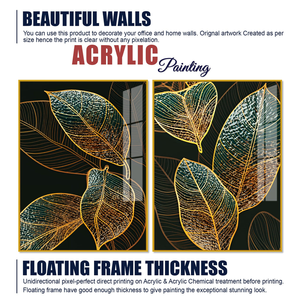 Modern Exquisite oak Leaves Art Acrylic Floating Wall Painting Set Of 2