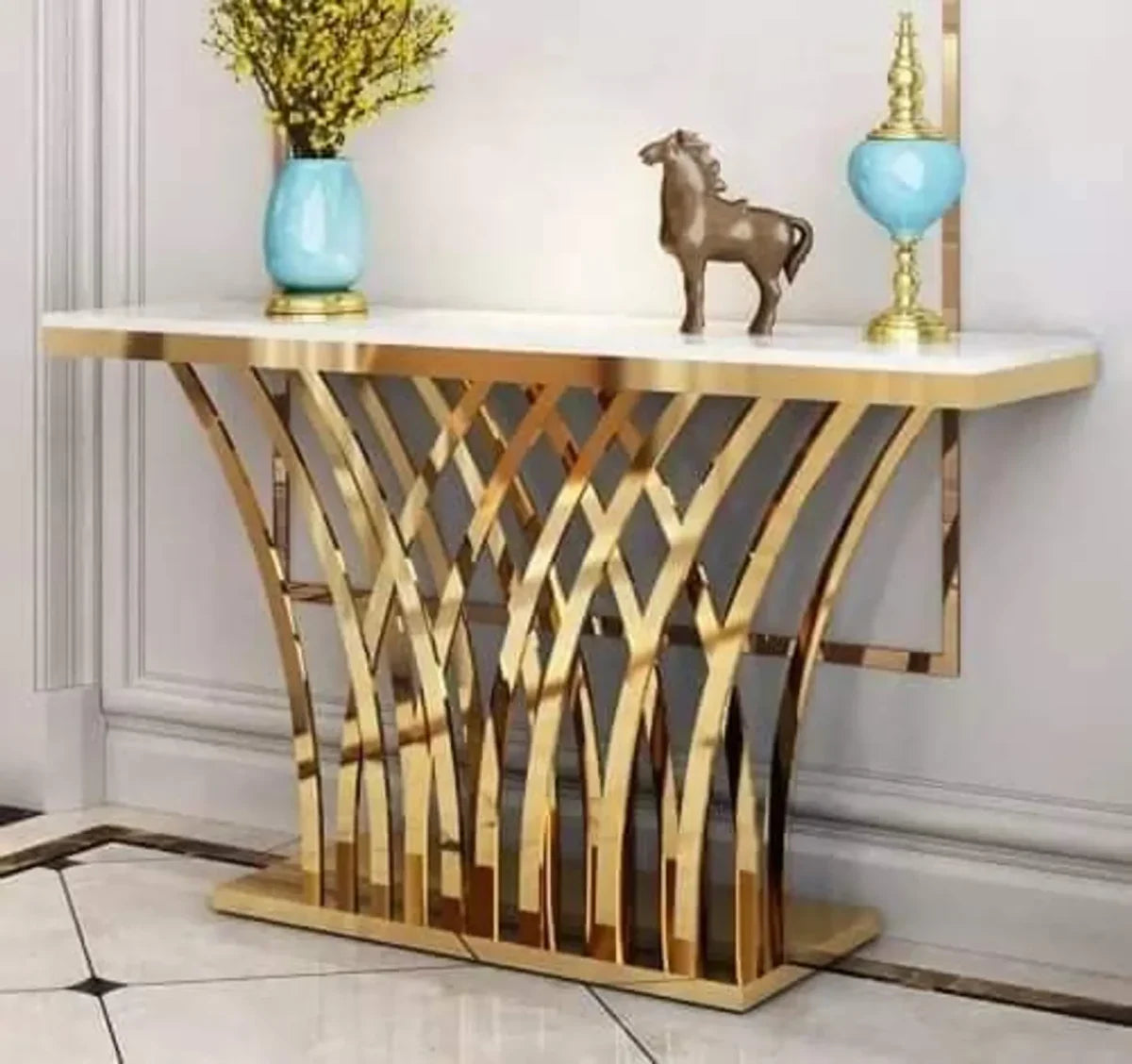 Modern Glam Console Table with Designer Gold Base