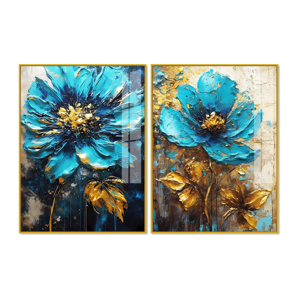 Modern Textural Blue Flower Artistic Acrylic Floating Wall Painting Set Of 2