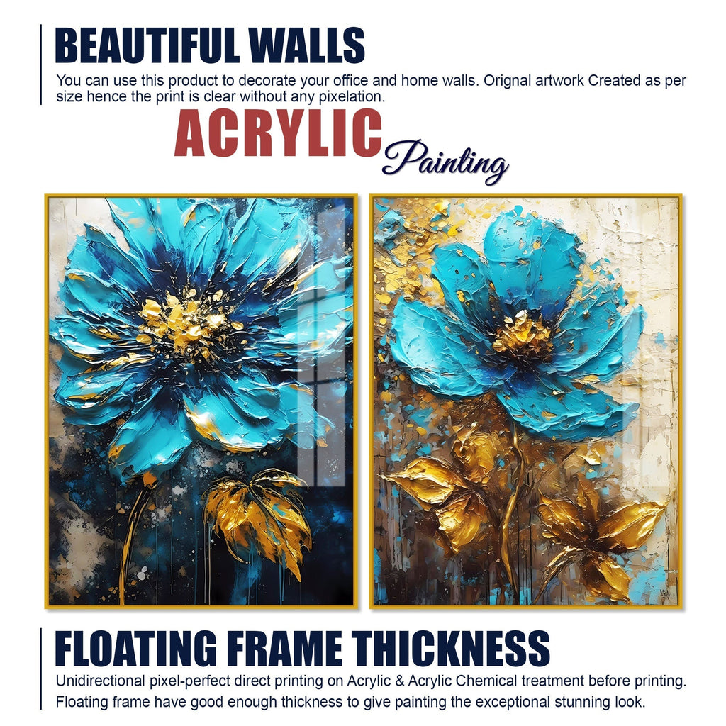 Modern Textural Blue Flower Artistic Acrylic Floating Wall Painting Set Of 2