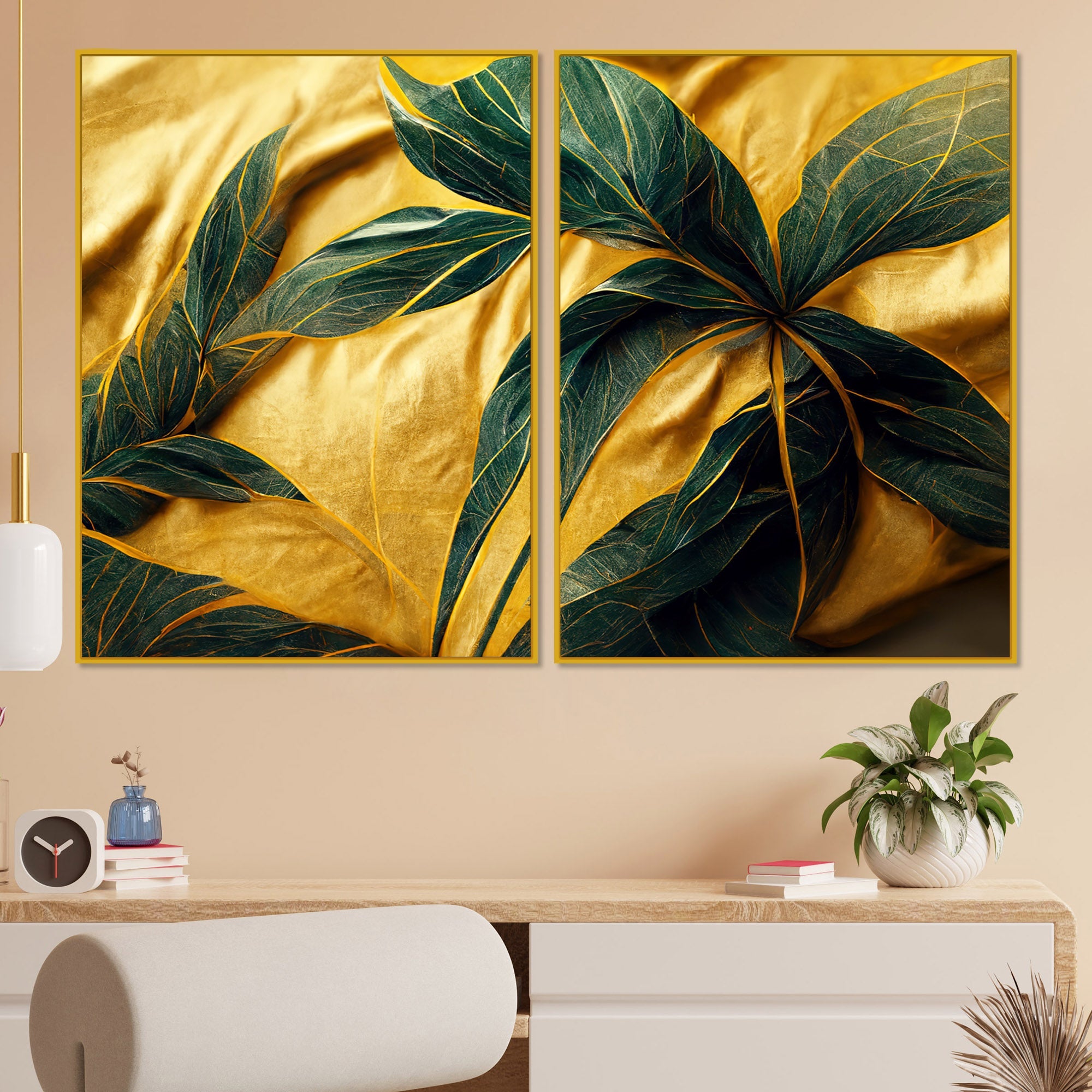 Premium Art of Leaves Acrylic Art Floating Wall Painting Set Of 2