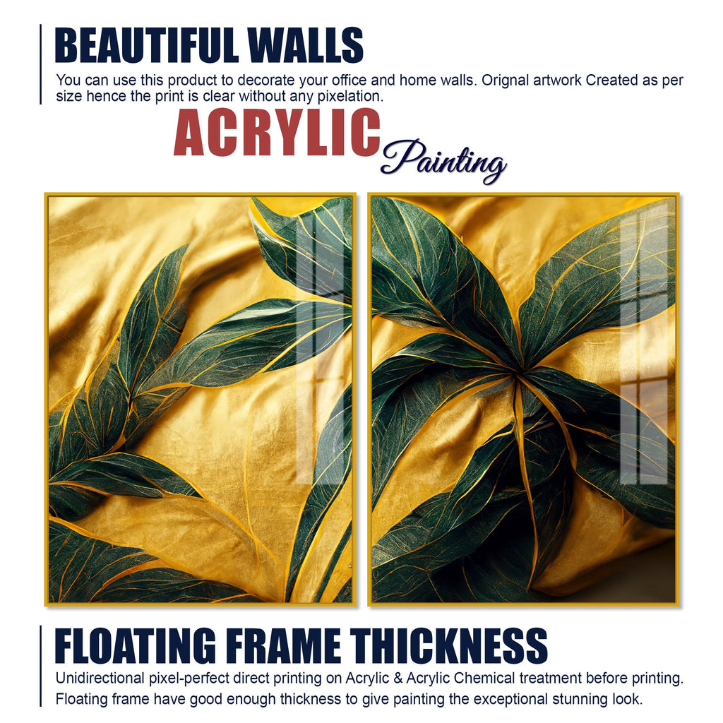 Premium Art of Leaves Acrylic Art Floating Wall Painting Set Of 2