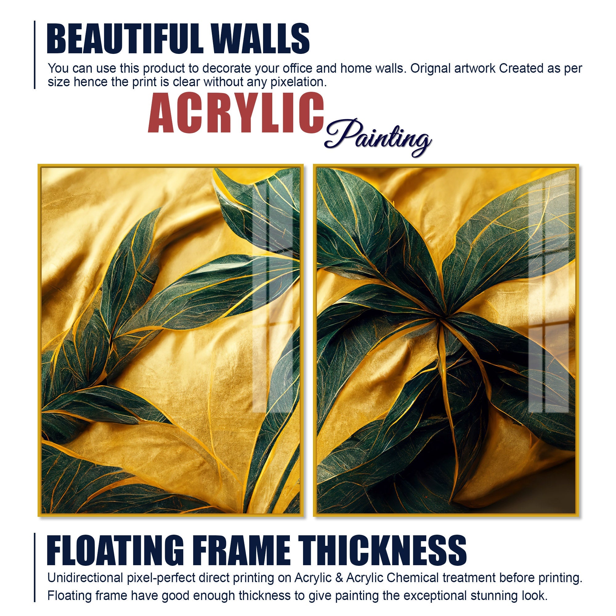 Premium Art of Leaves Acrylic Art Floating Wall Painting Set Of 2