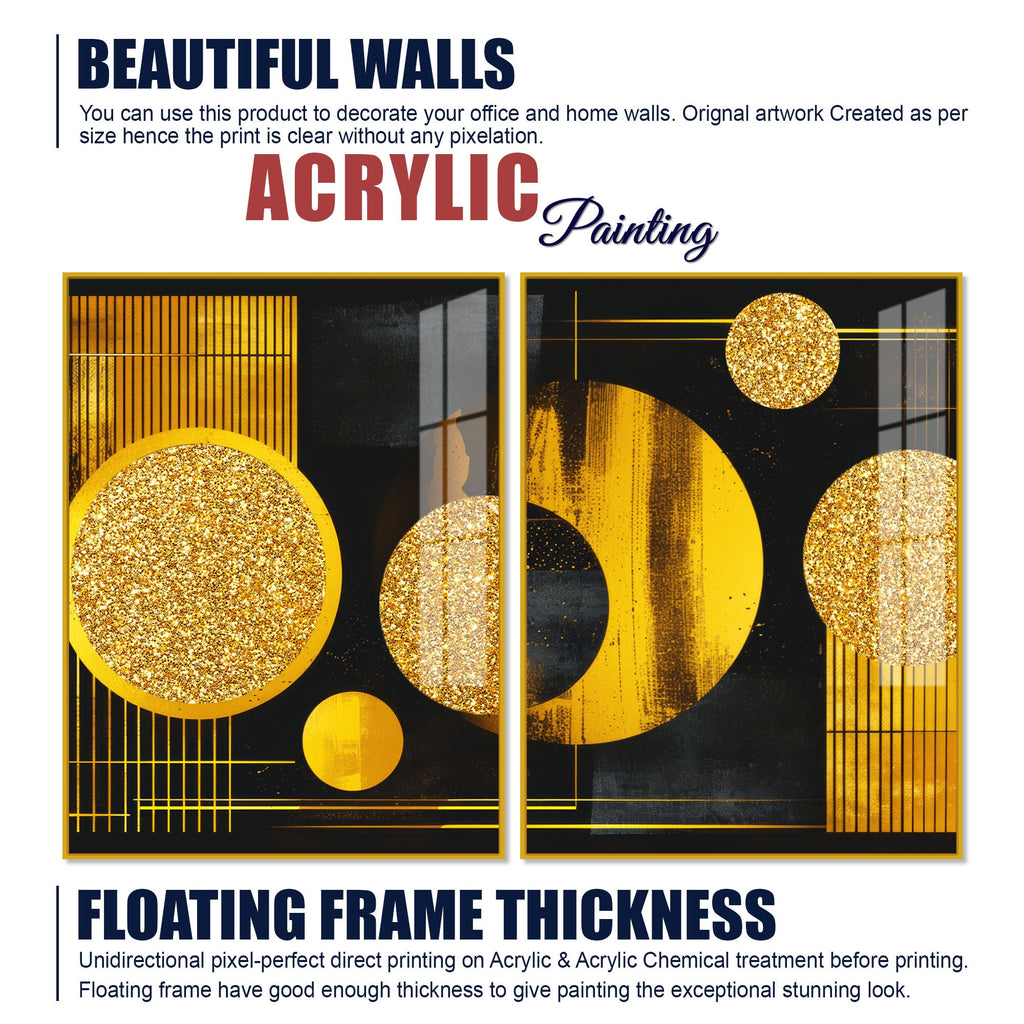 Premium Golden Crystal Circular Shaped Acrylic Art Floating Wall Painting Set of 2