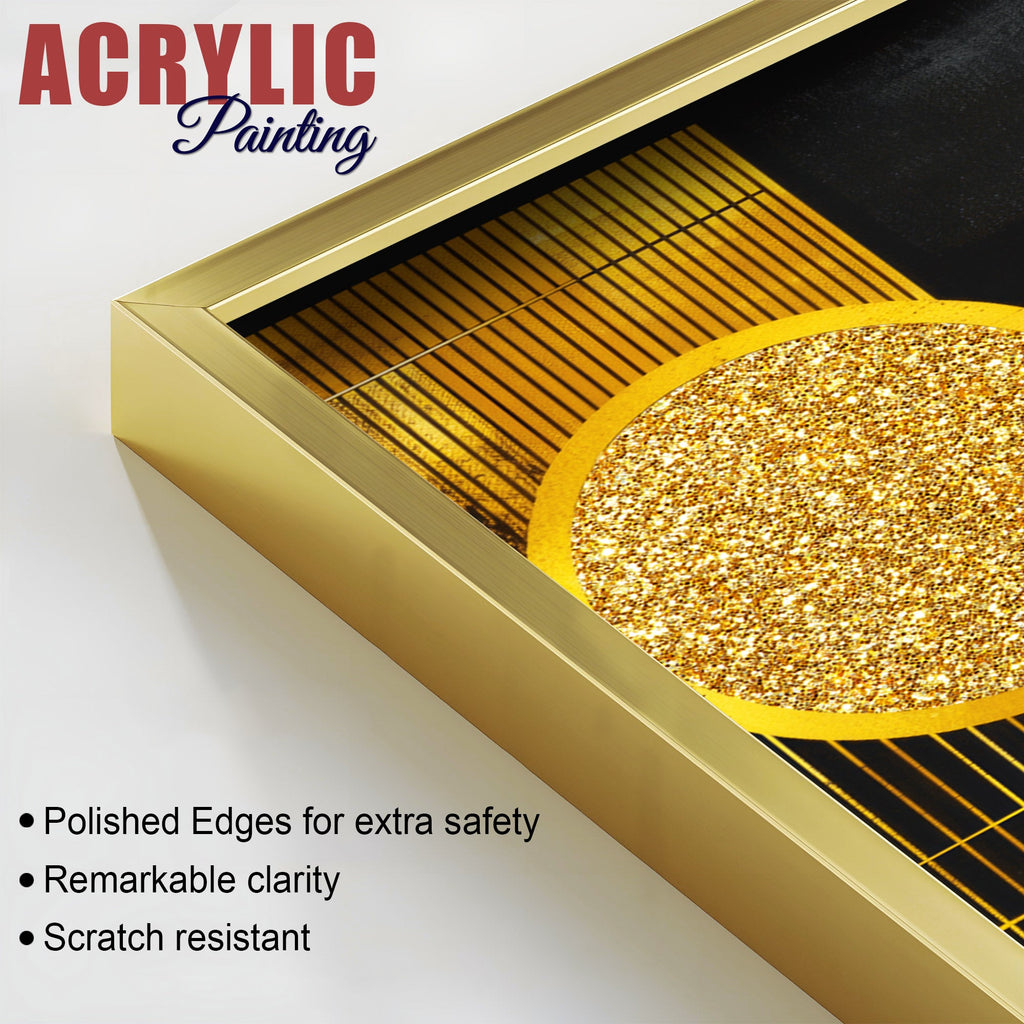 Premium Golden Crystal Circular Shaped Acrylic Art Floating Wall Painting Set of 2