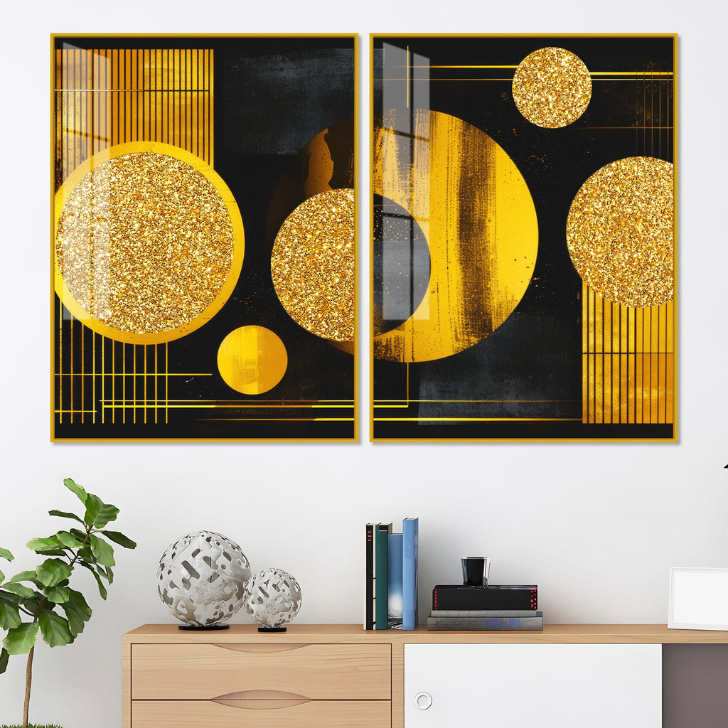 Premium Golden Crystal Circular Shaped Acrylic Art Floating Wall Painting Set of 2