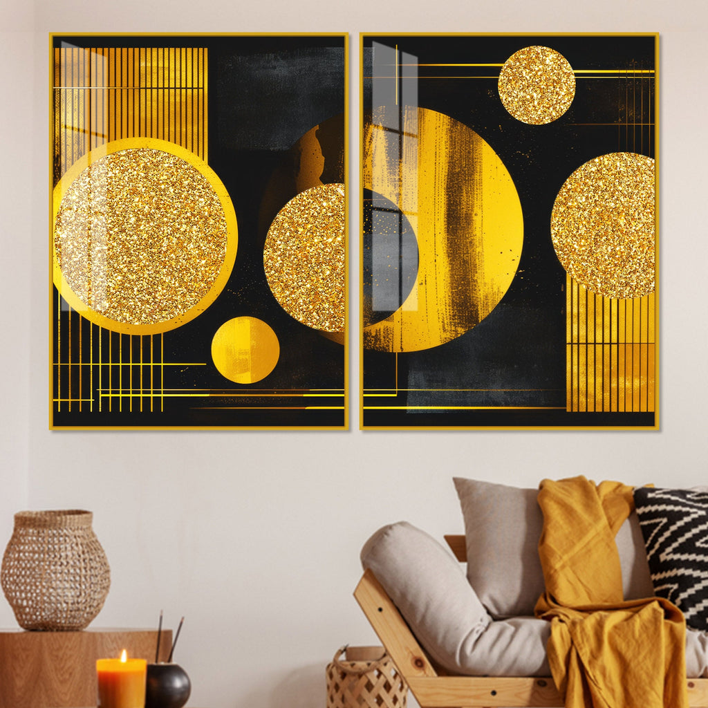 Premium Golden Crystal Circular Shaped Acrylic Art Floating Wall Painting Set of 2