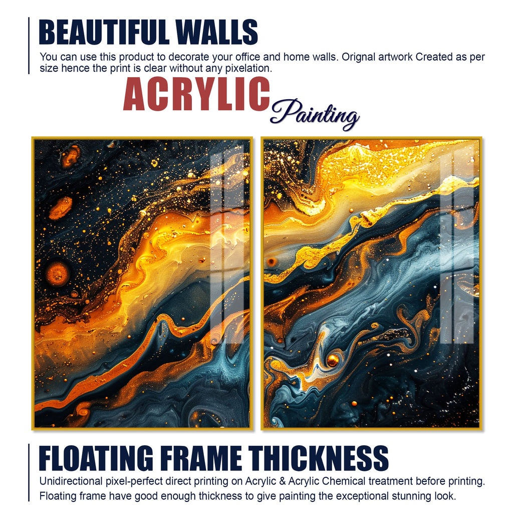 Swirling Golden Abstract Textured Acrylic Art Floating Wall Painting Set of 2