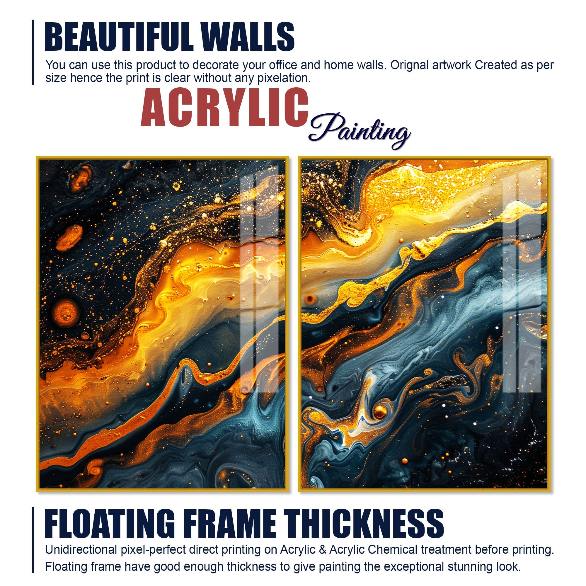 Swirling Golden Abstract Textured Acrylic Art Floating Wall Painting Set of 2