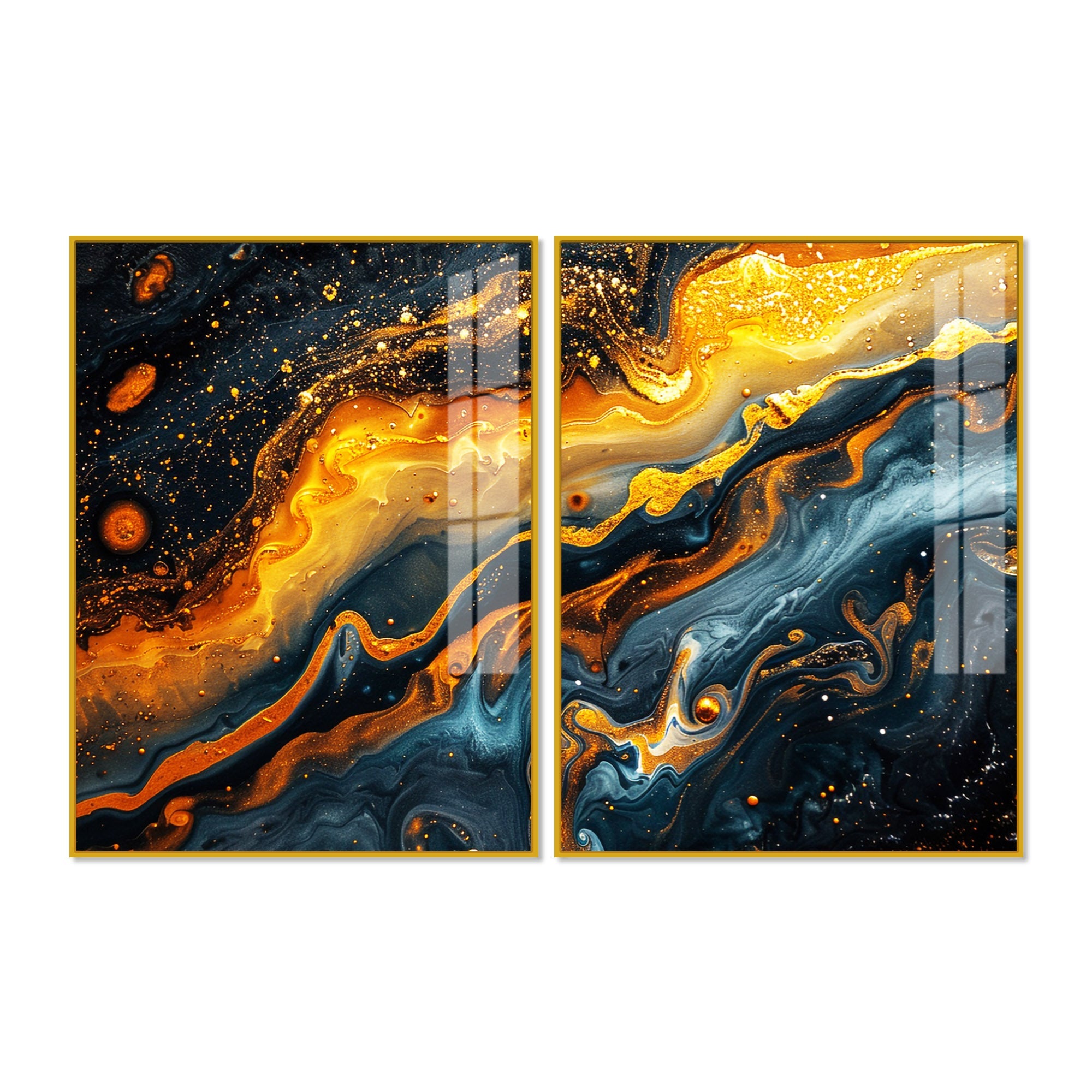 Swirling Golden Abstract Textured Acrylic Art Floating Wall Painting Set of 2