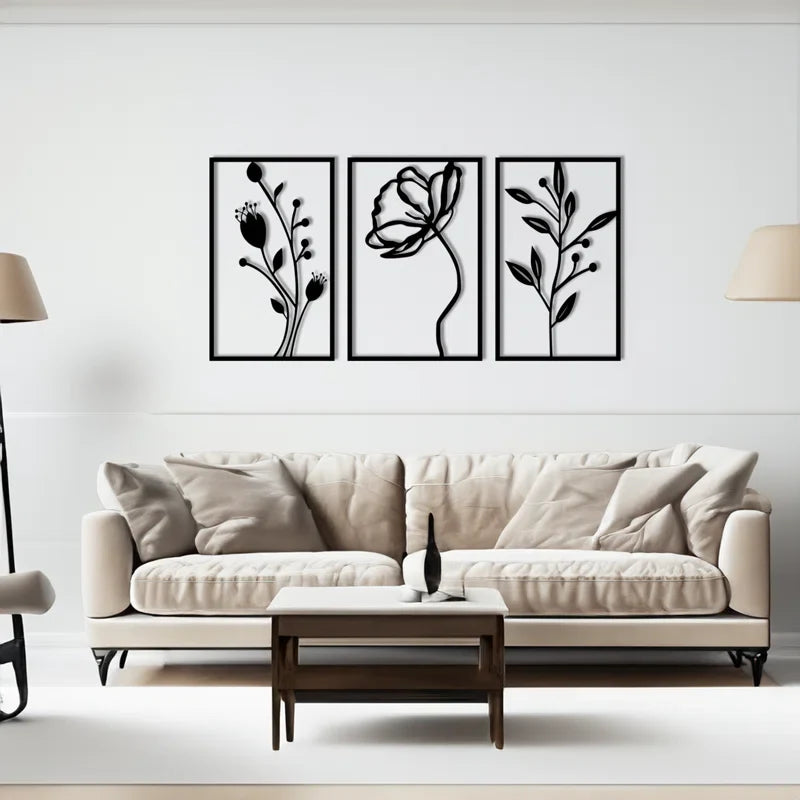 Three Piece Modern Plant Frames Metal Wall Art Decor