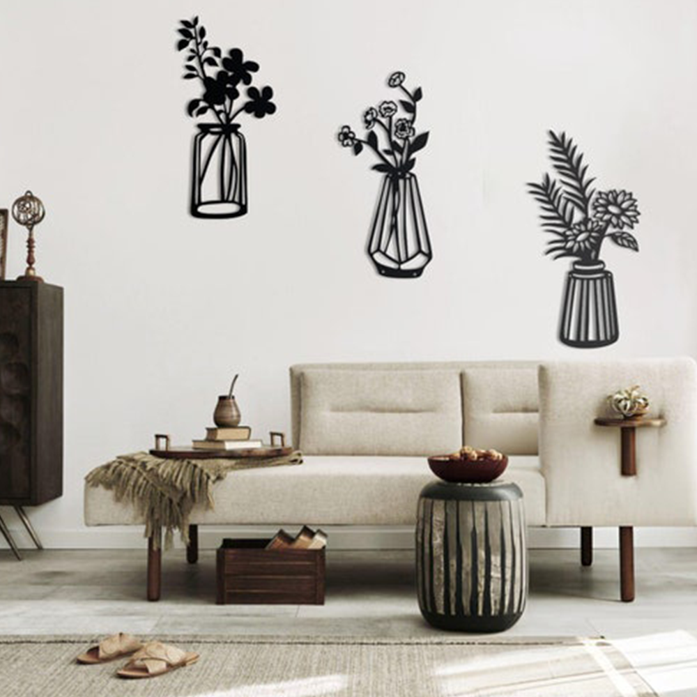 Three Pieces Flowers Vase Metal Art Wall Decor