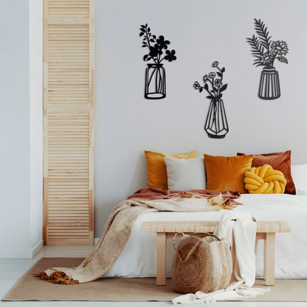 Three Pieces Flowers Vase Metal Art Wall Decor