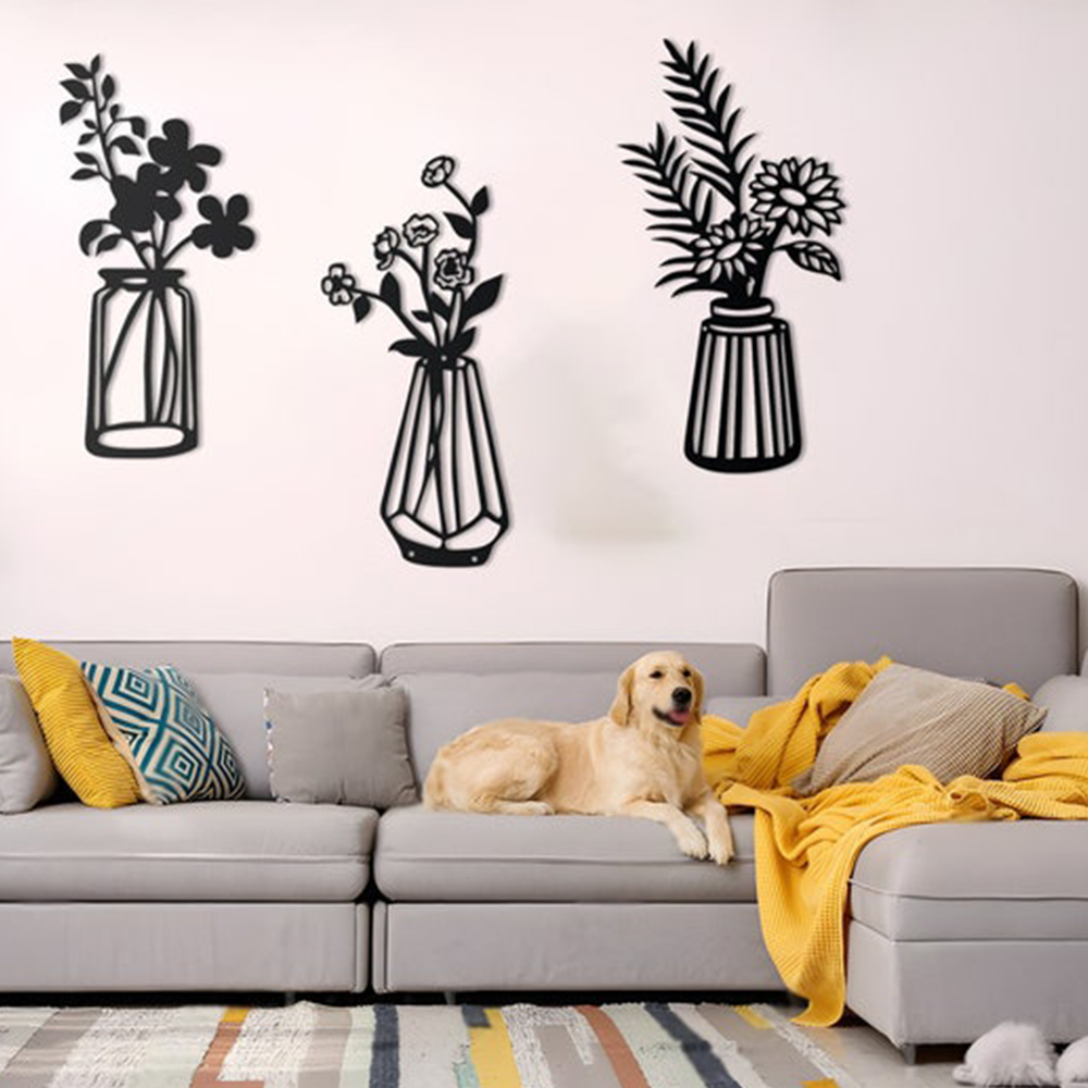 Three Pieces Flowers Vase Metal Art Wall Decor