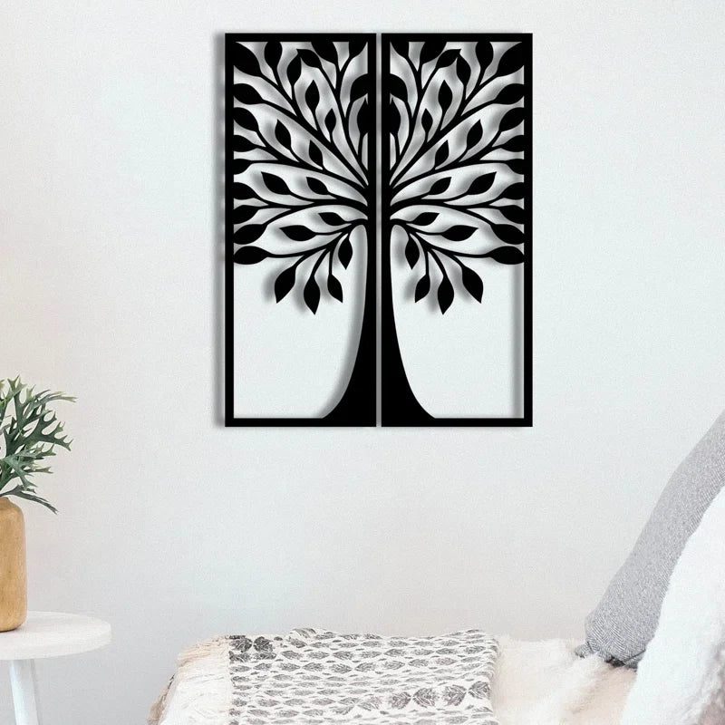 Two Frames Traditional Tree Flowers Meta Art Wall Decor