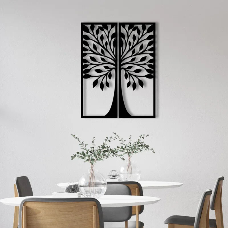 Two Frames Traditional Tree Flowers Meta Art Wall Decor