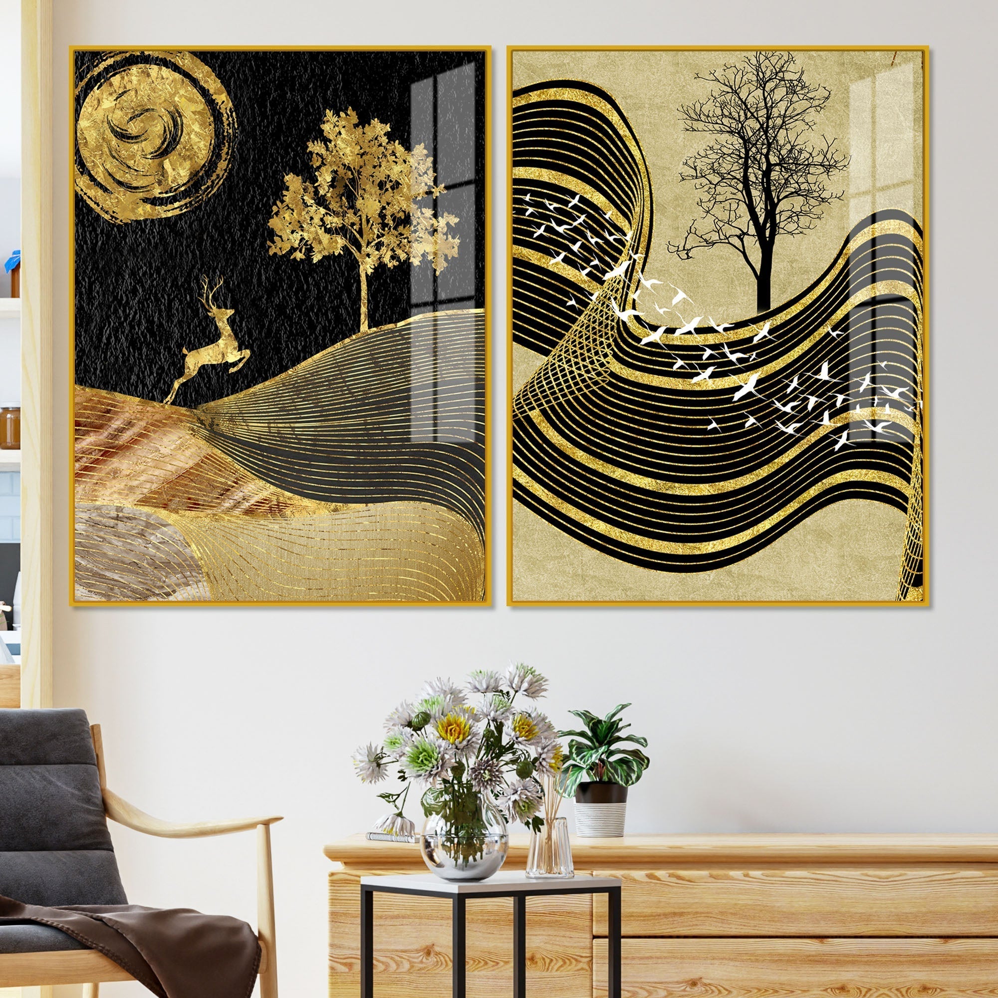 Wavy Golden Lines Mountains Premium Acrylic Floating Wall Painting Set Of 2