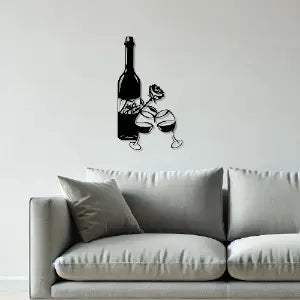 Wine Bottle with Glass and Rose Wall Metal Art Decor