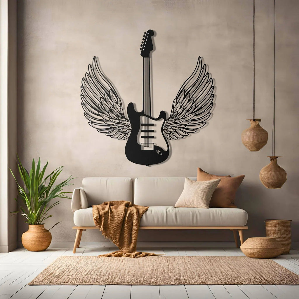 Winged Guitar Designed Metal Art Wall Decor