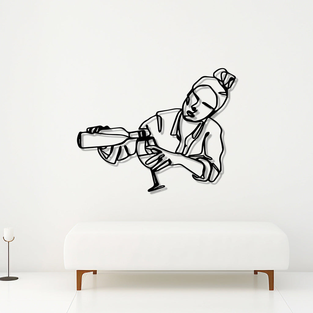 Women Pouring Wine Line Art Metal Wall Artwork Decor