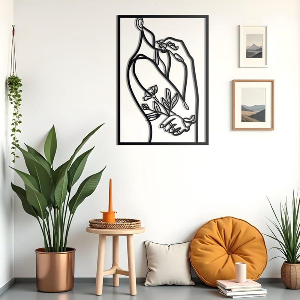 Women With Flower Line Metal Artwork Wall Decor