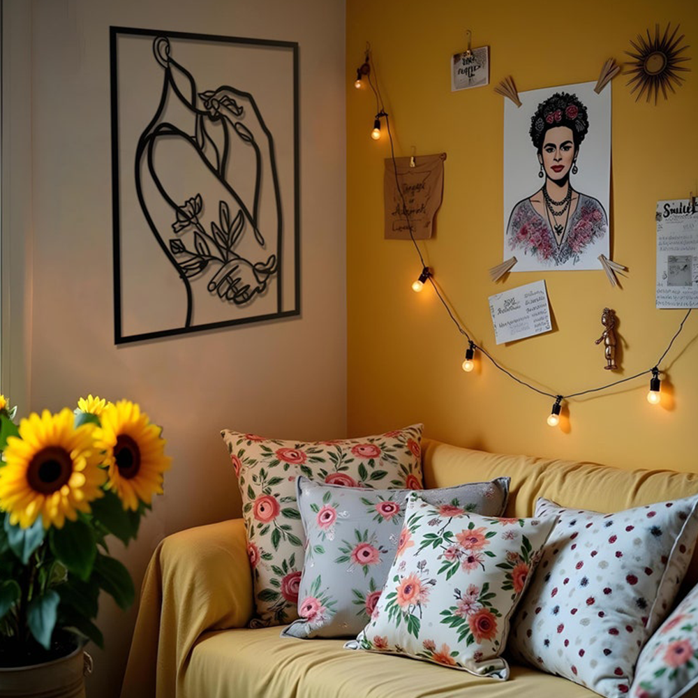 Women With Flower Line Metal Artwork Wall Decor