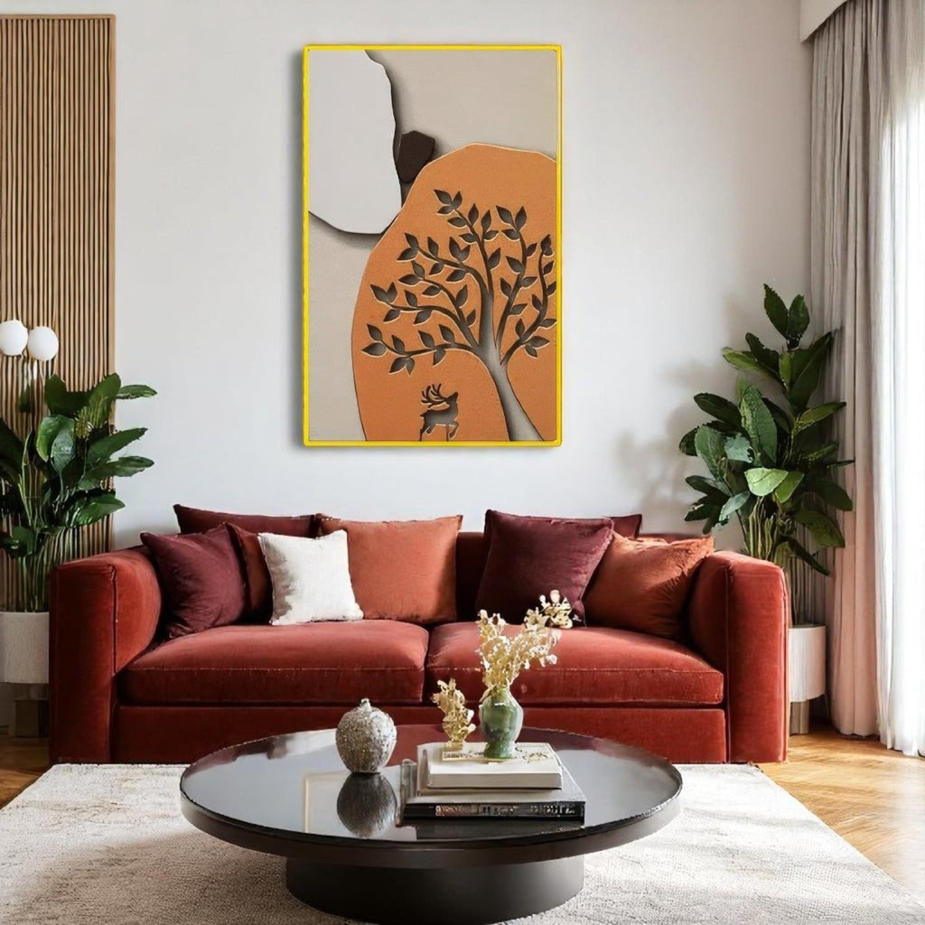 Deer Cutout in Earthy Orange Frame 3D Wall Art Home Decor