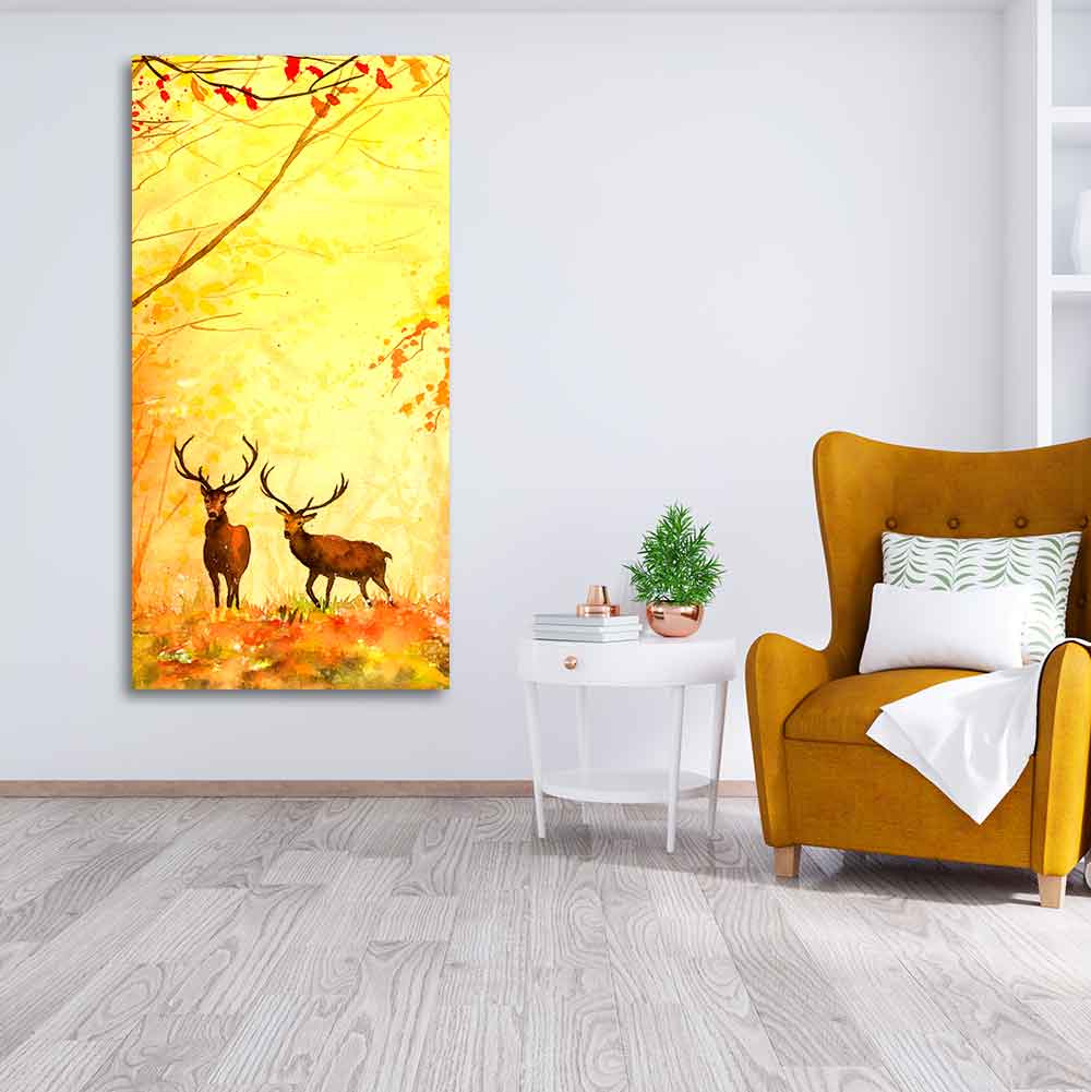 Deer in Autumn Forest Vertical Canvas Wall Painting - Decor Smart