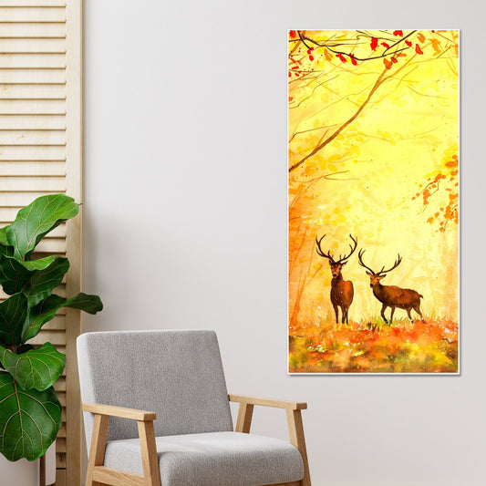 Deer in Autumn Forest Vertical Canvas Wall Painting - Decor Smart