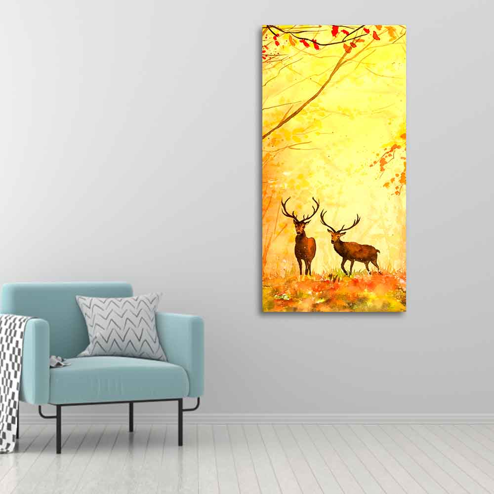 Deer in Autumn Forest Vertical Canvas Wall Painting - Decor Smart