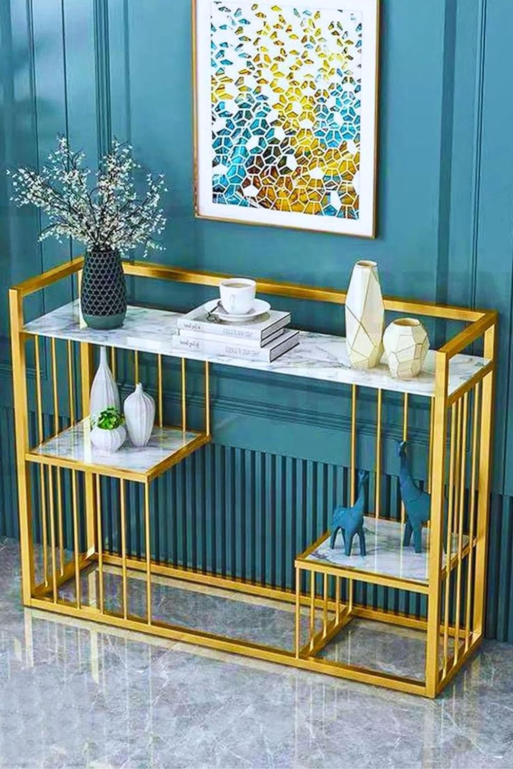 Designer 3 - Tier White Faux Marble Golden Console Table - Decor Smart