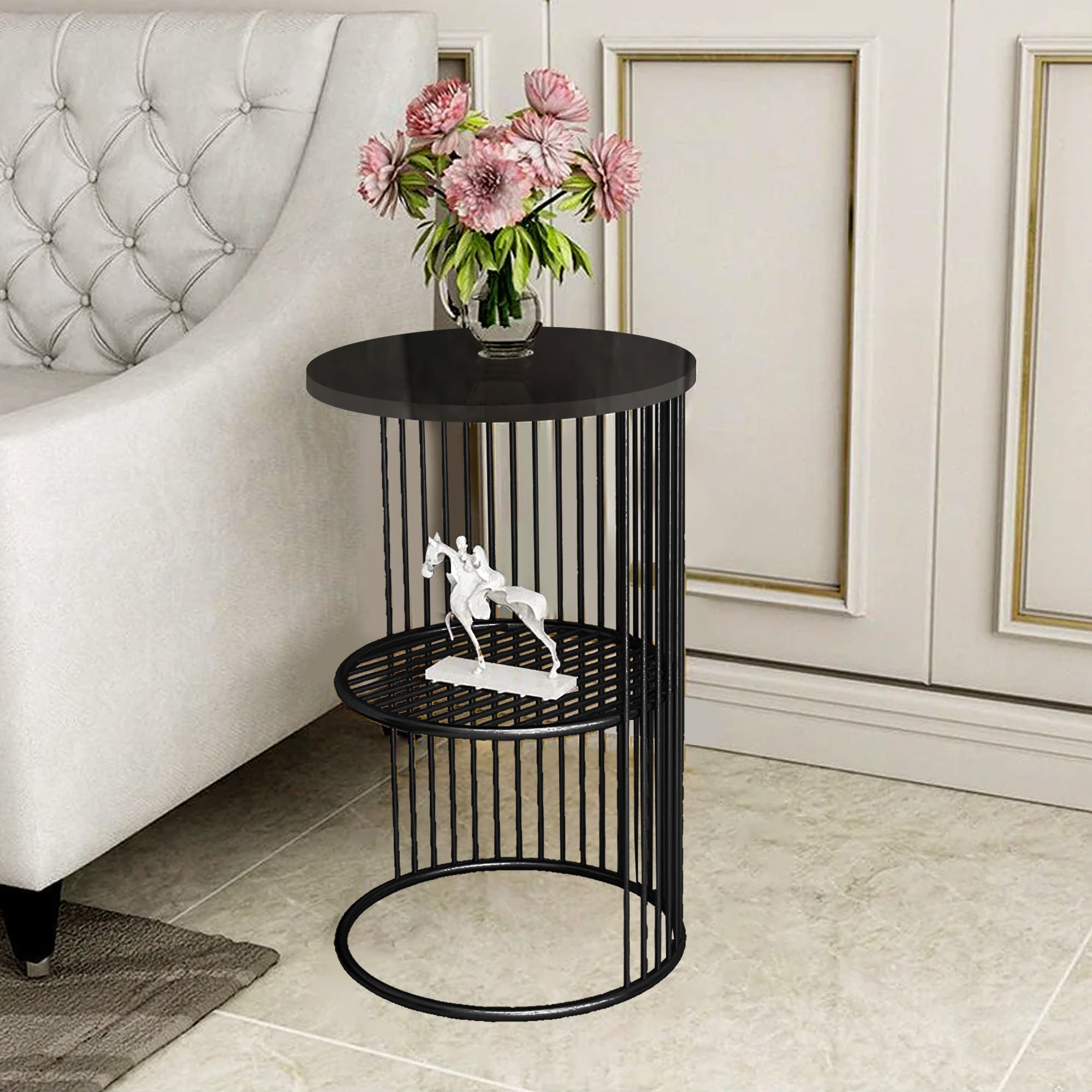 Designer Art Classic Black Finish Half Caged Coffee Round Side Table - Decor Smart