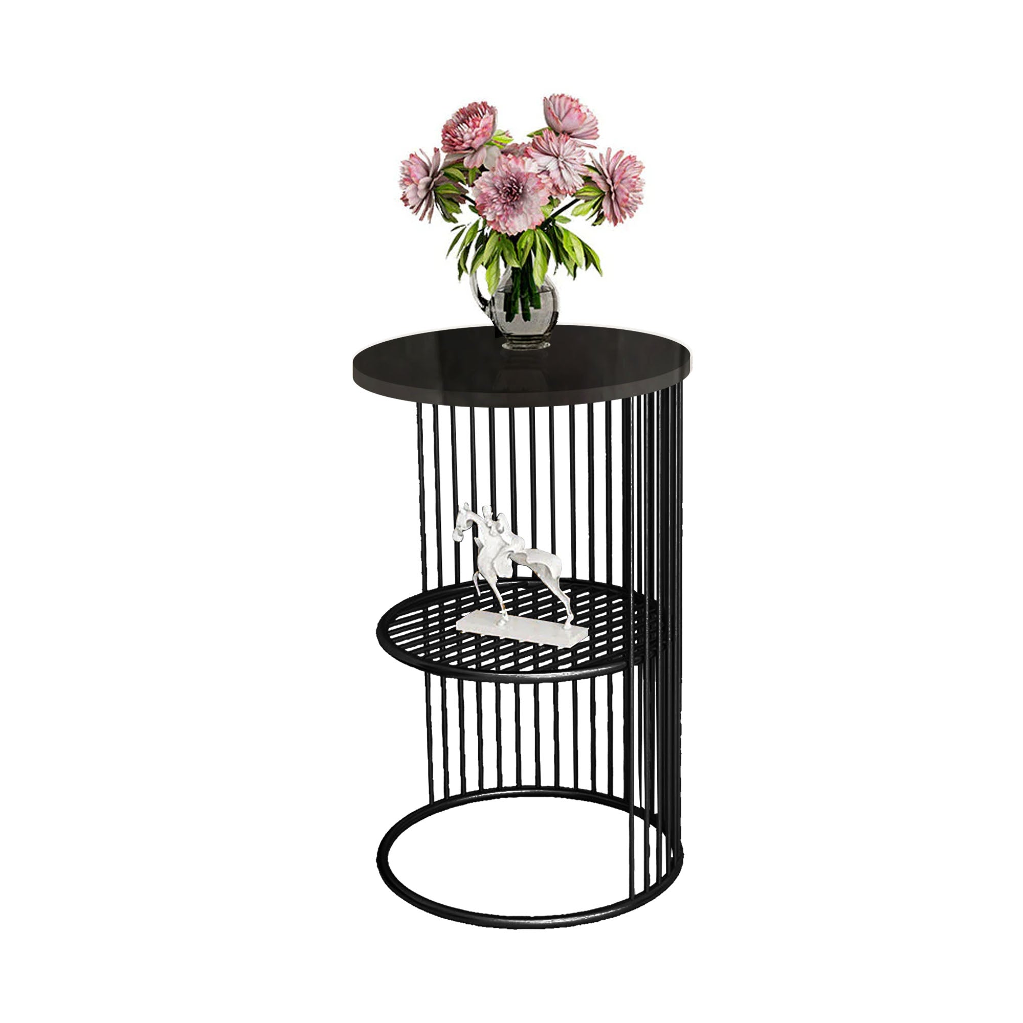 Designer Art Classic Black Finish Half Caged Coffee Round Side Table - Decor Smart