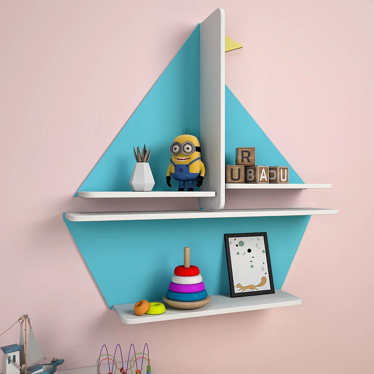 Designer Boat Shaped Blue Wooden Wall Shelf for Kids - Decor Smart