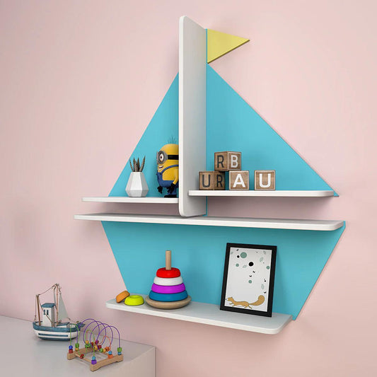 Designer Boat Shaped Blue Wooden Wall Shelf for Kids - Decor Smart