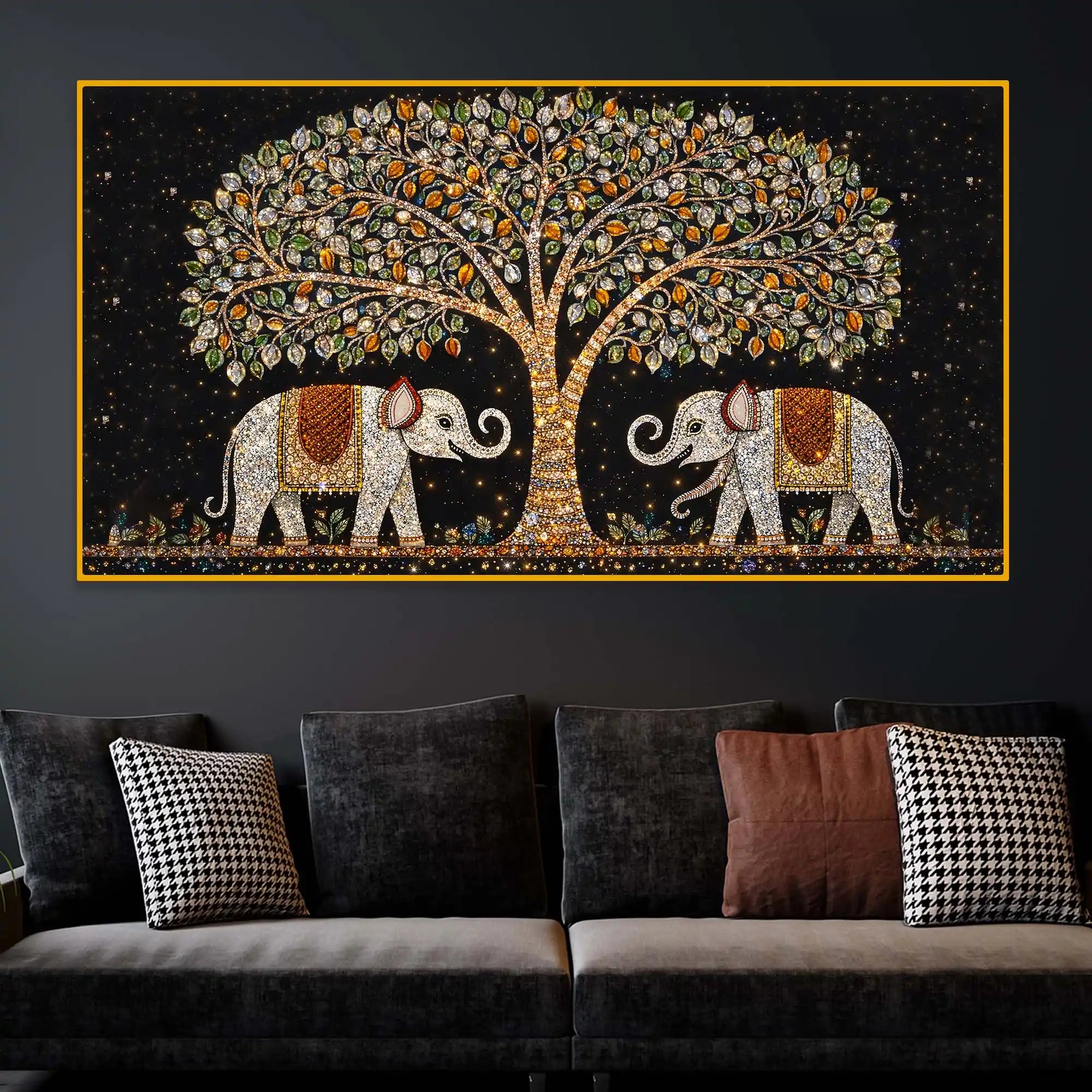 Designer Elephant Pair Under Tree Painting Crystal Glass Wall Art for Luxury Interiors