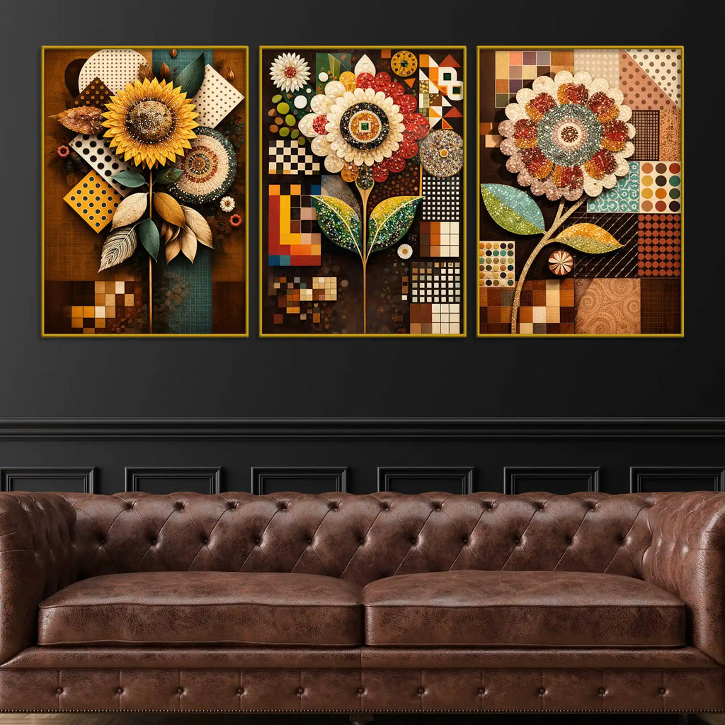 Designer Floral Mosaic Pattern Floating Frame Crystal Wall Painting Set of 3
