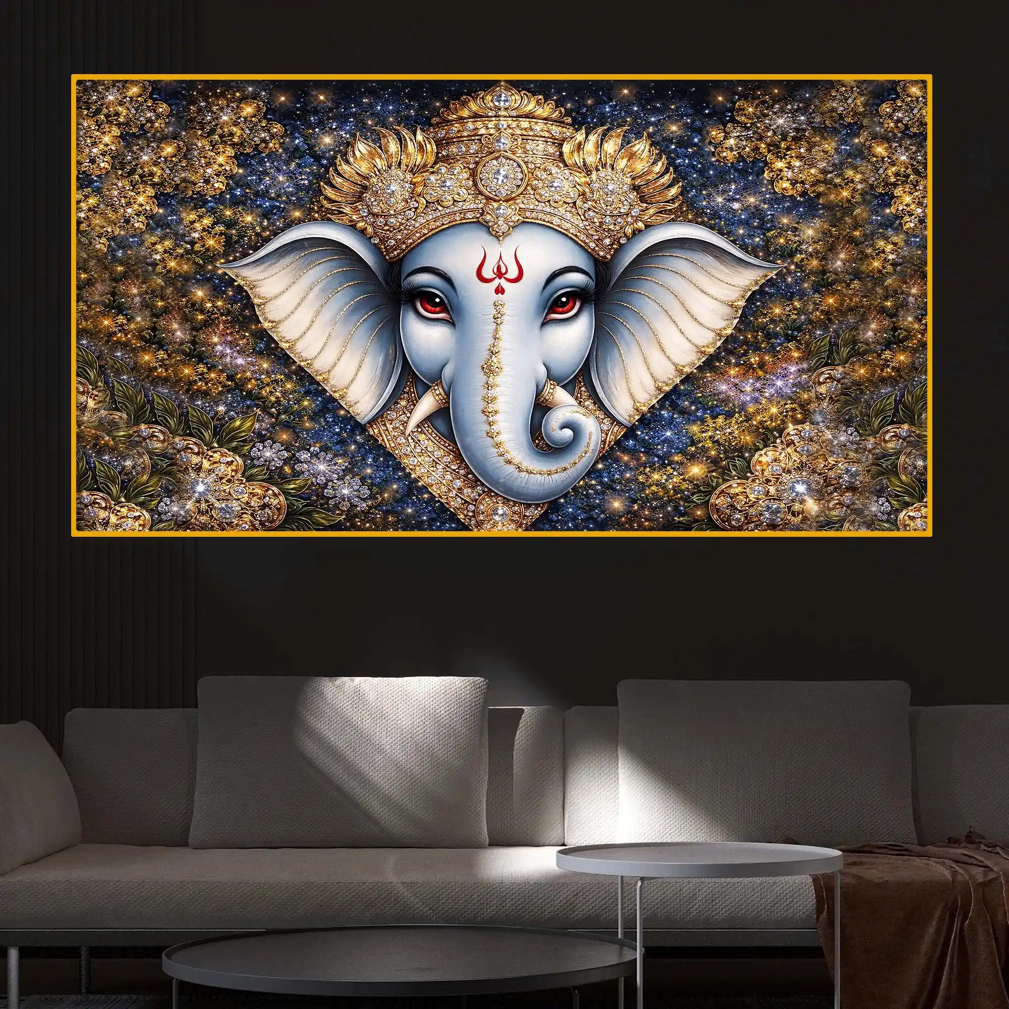 Designer Ganesh Ji Crystal Glass Wall Painting for Luxury Living Room