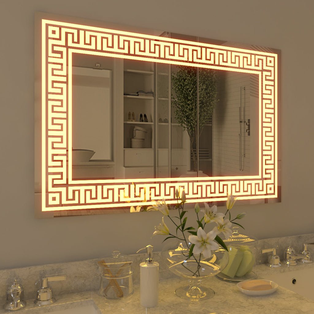 Designer Greek Key Motif LED Rectangular Bathroom Mirror - Decor Smart