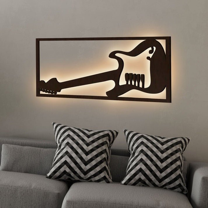 Designer Guitar Backlit Wooden Wall Decor with LED Night Light Walnut Finish - Decor Smart