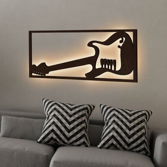 Designer Guitar Backlit Wooden Wall Decor with LED Night Light Walnut Finish - Decor Smart