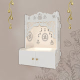 Designer Holy Symbol Om White MDF Wood Temple with Inbuilt Focus Light & Spacious Shelf - Decor Smart