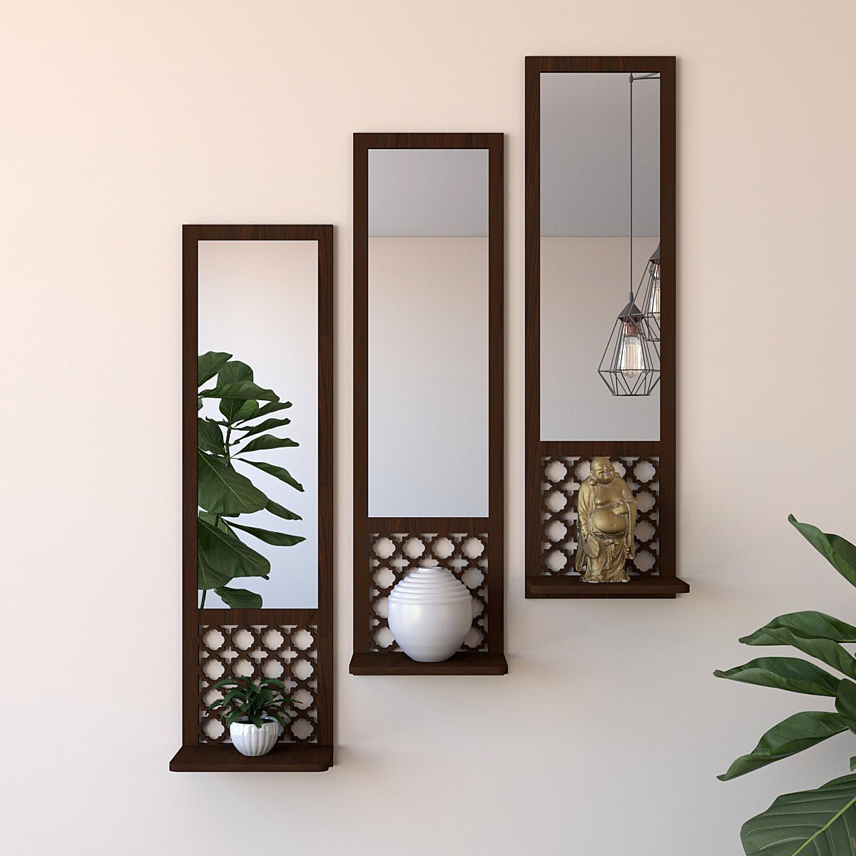 Designer Morrocan Wooden Finish Long Wall Mirror - Set of 3 - Decor Smart