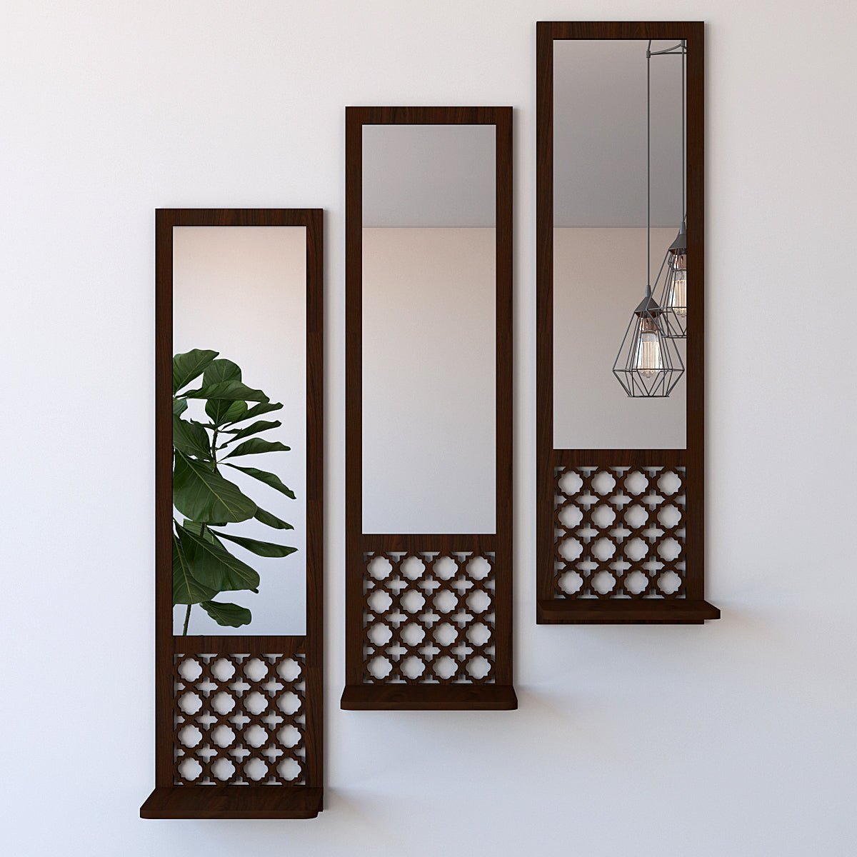 Designer Morrocan Wooden Finish Long Wall Mirror - Set of 3 - Decor Smart