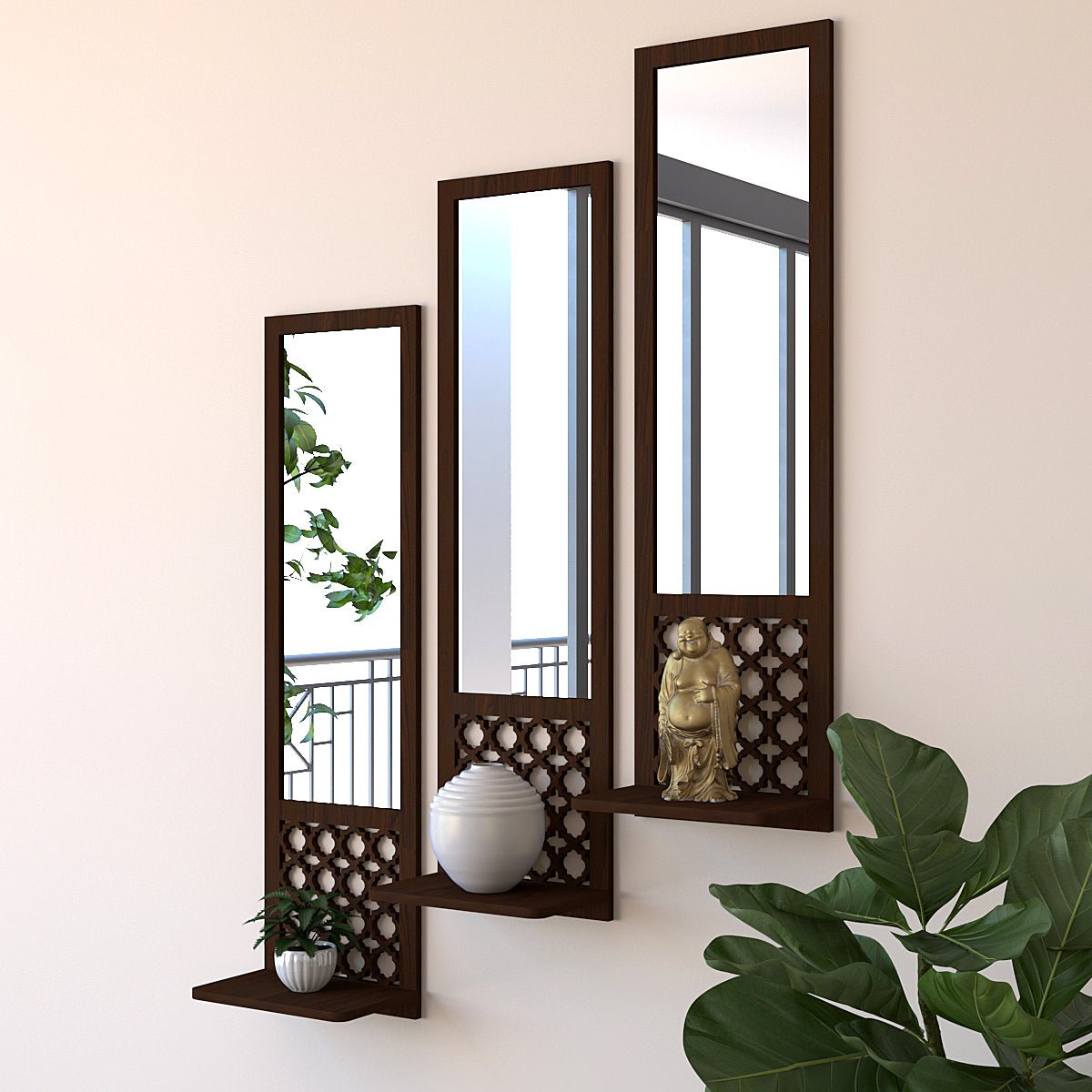 Designer Morrocan Wooden Finish Long Wall Mirror - Set of 3 - Decor Smart