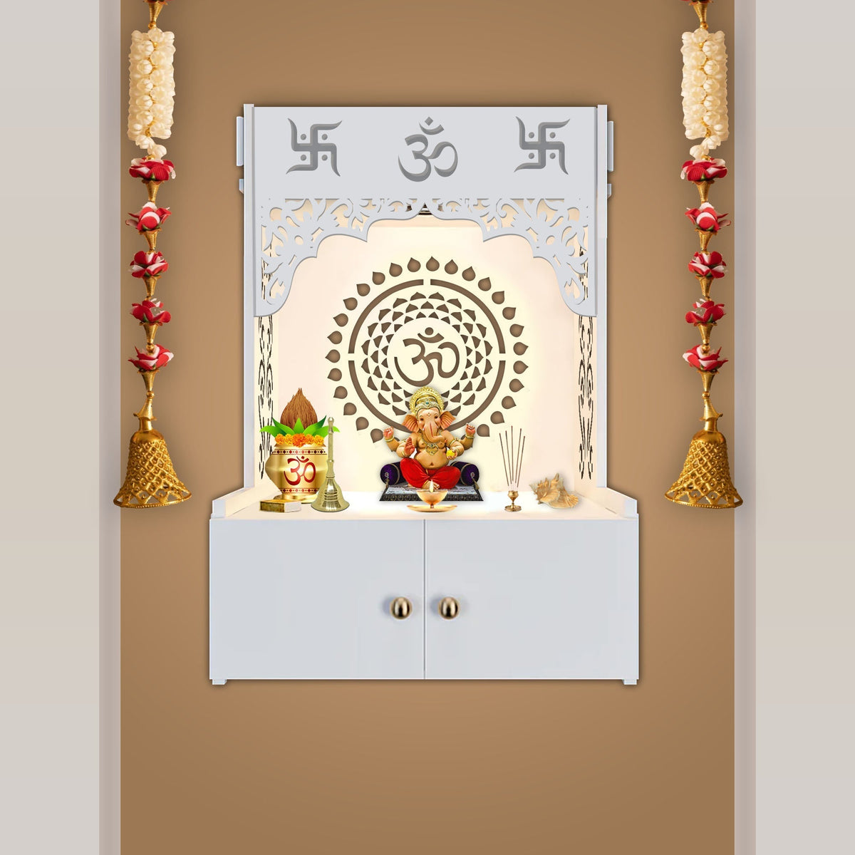 Designer Om Chakra White MDF Wood Temple with Inbuilt Focus Light & Spacious Shelf - Decor Smart