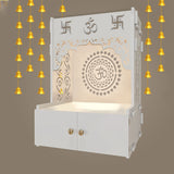 Designer Om Chakra White MDF Wood Temple with Inbuilt Focus Light & Spacious Shelf - Decor Smart