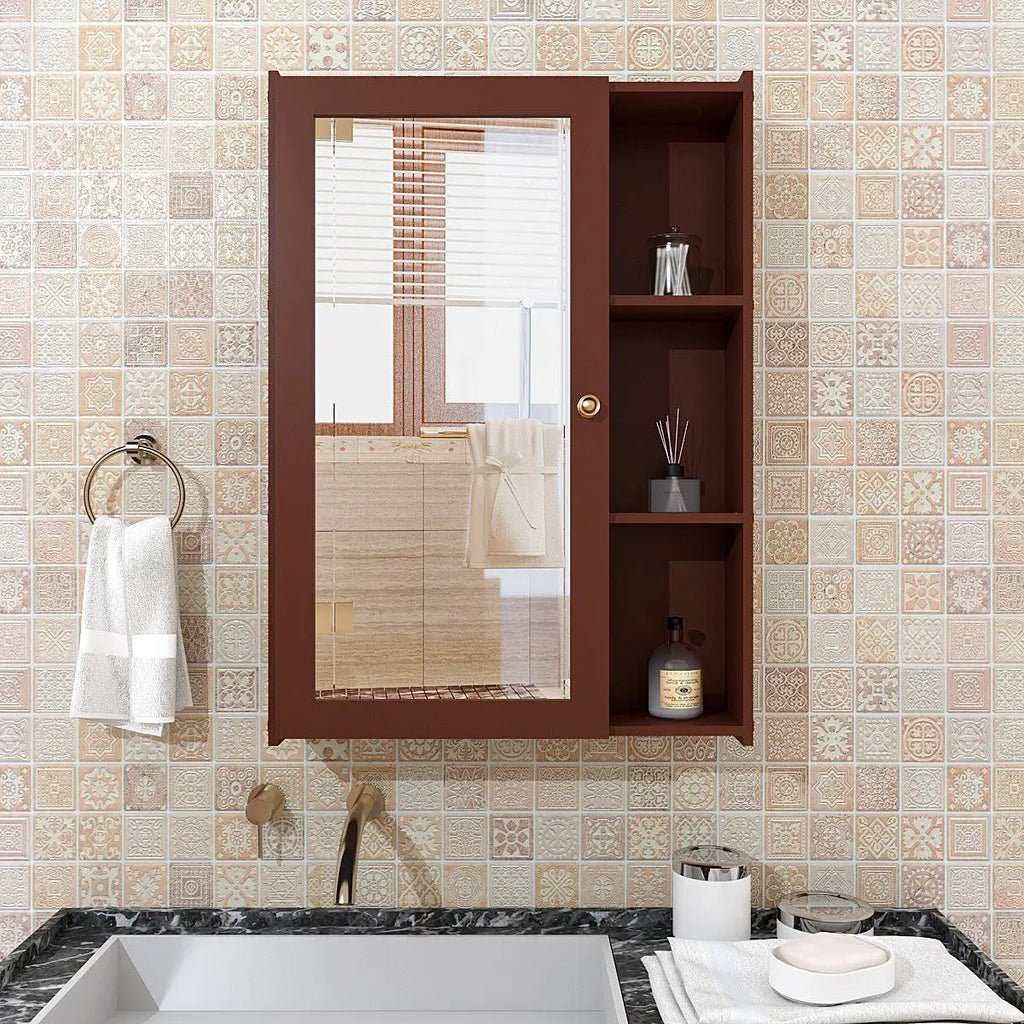Designer Rectengular Shaped Wooden Bathroom Mirror Cabinet with 5 Spacious Shelves with Brown Finish - Decor Smart