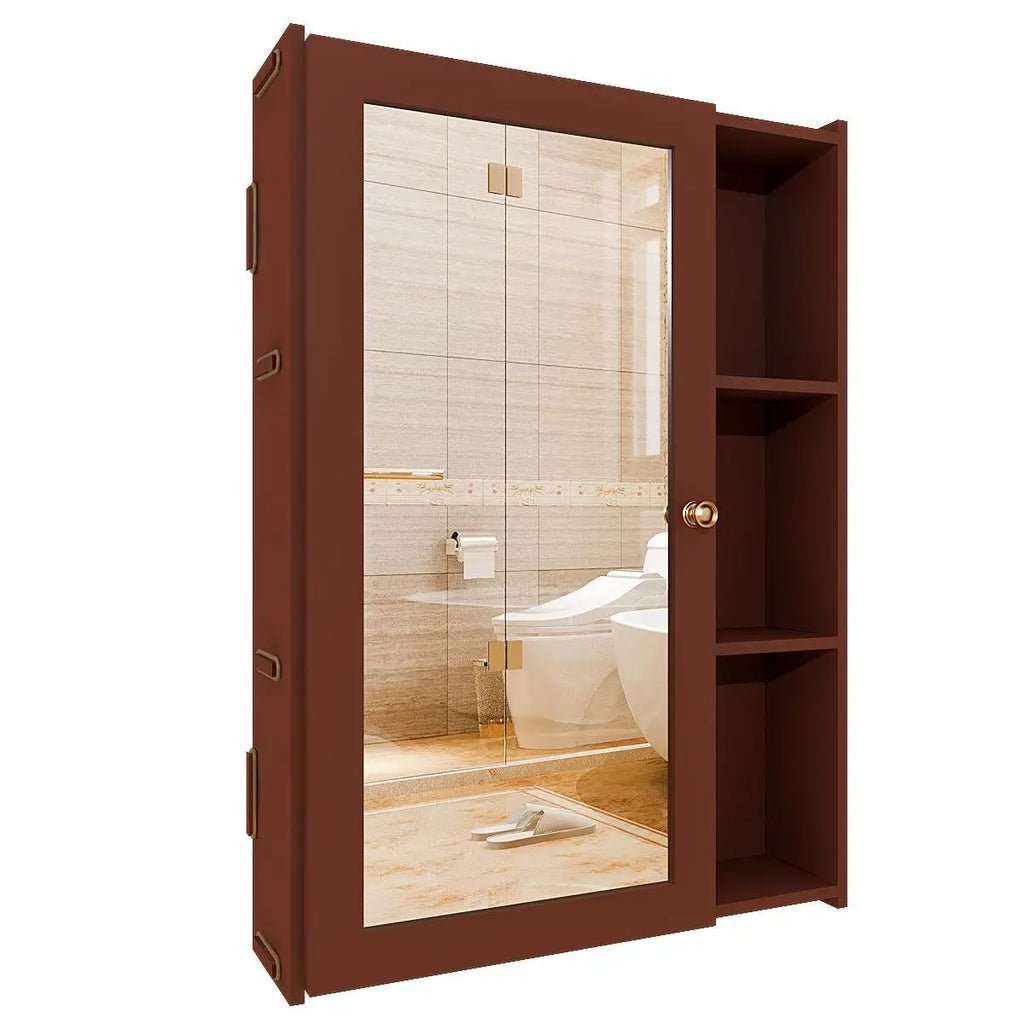 Designer Rectengular Shaped Wooden Bathroom Mirror Cabinet with 5 Spacious Shelves with Brown Finish - Decor Smart